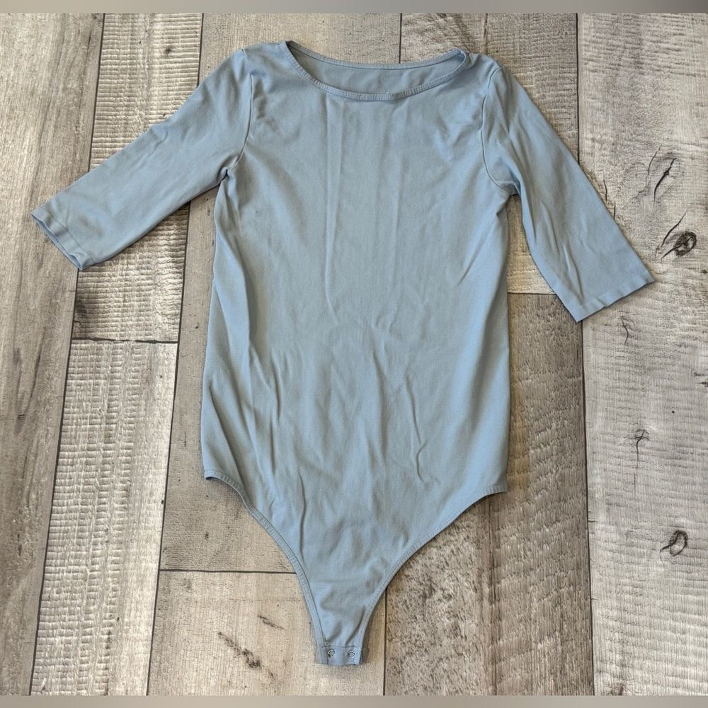 Intimately Free People Bodysuit Light Blue Elbow Sleeve Thong Snap XS/S